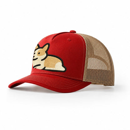 Corgi Sploot Lying Position Trucker Hat – Red-Khaki