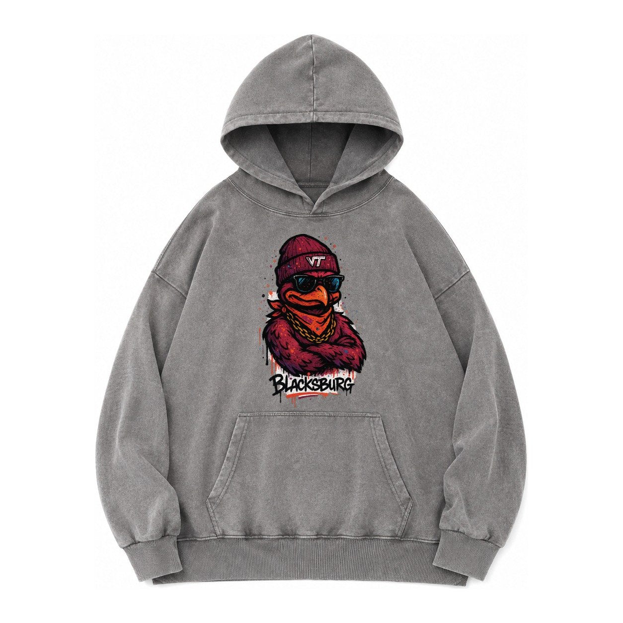 Blacksburg Hokiebird Wearing Virginia Tech Beanie With Vt Pa Vintage Washed Hoodie – Grey