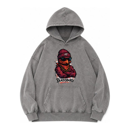 Blacksburg Hokiebird Wearing Virginia Tech Beanie With Vt Pa Vintage Washed Hoodie – Grey