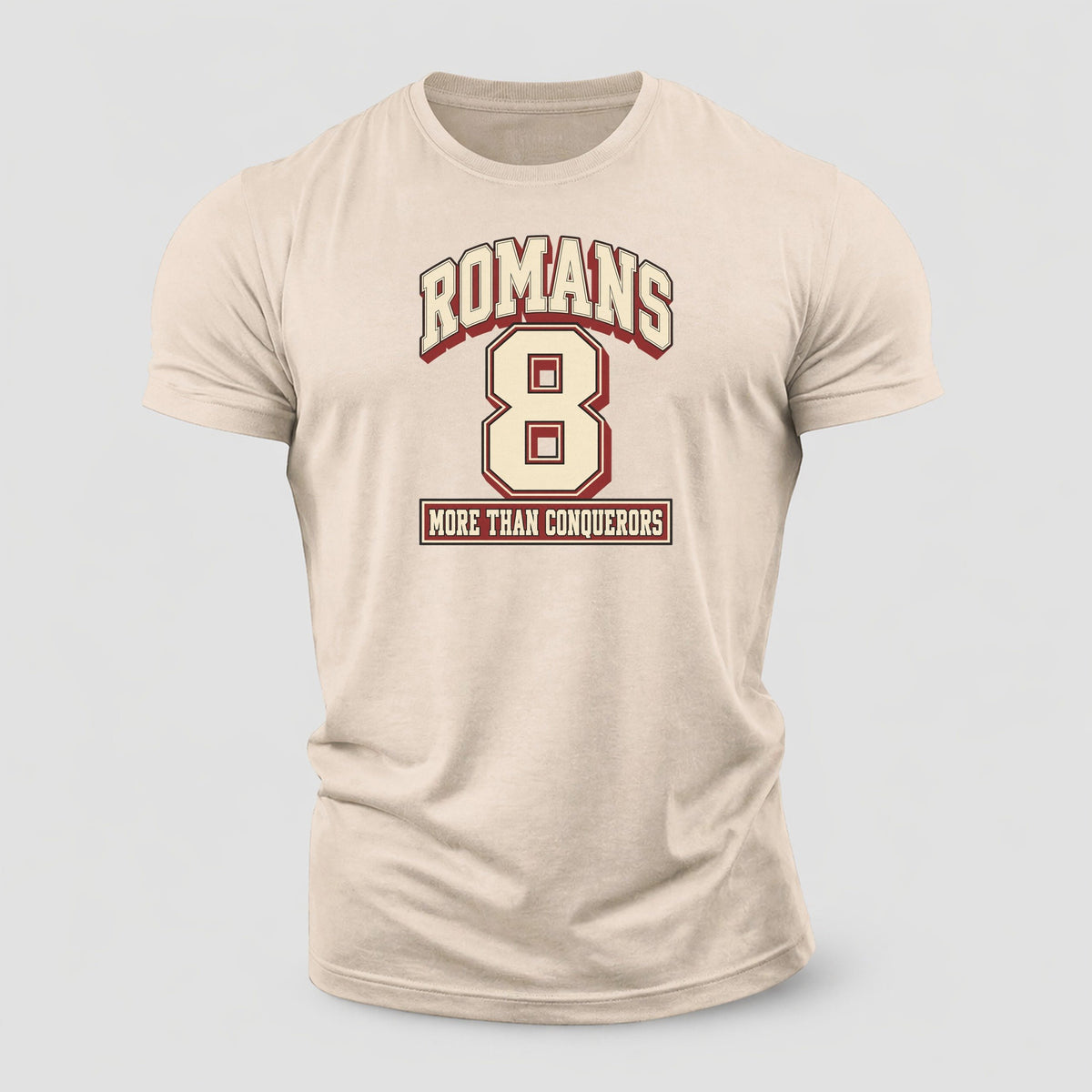 Romans 8 Varsity Chapel Varsity Cotton T-Shirt – Sand