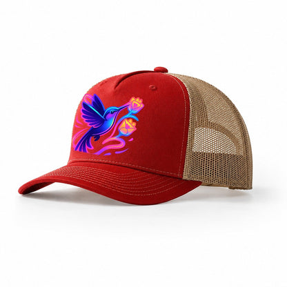 Hummingbird Delivering Miniature Love Letters Tucked Inside Trucker Hat – Red-Khaki