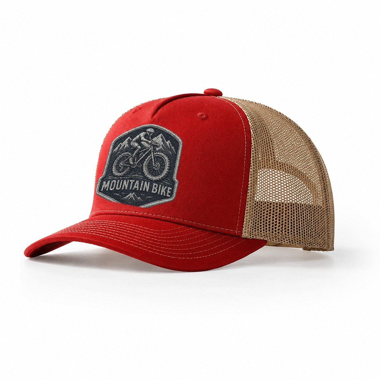 Mountain Bike With Rugged Tires Cyclist Badge Trucker Hat – Red-Khaki