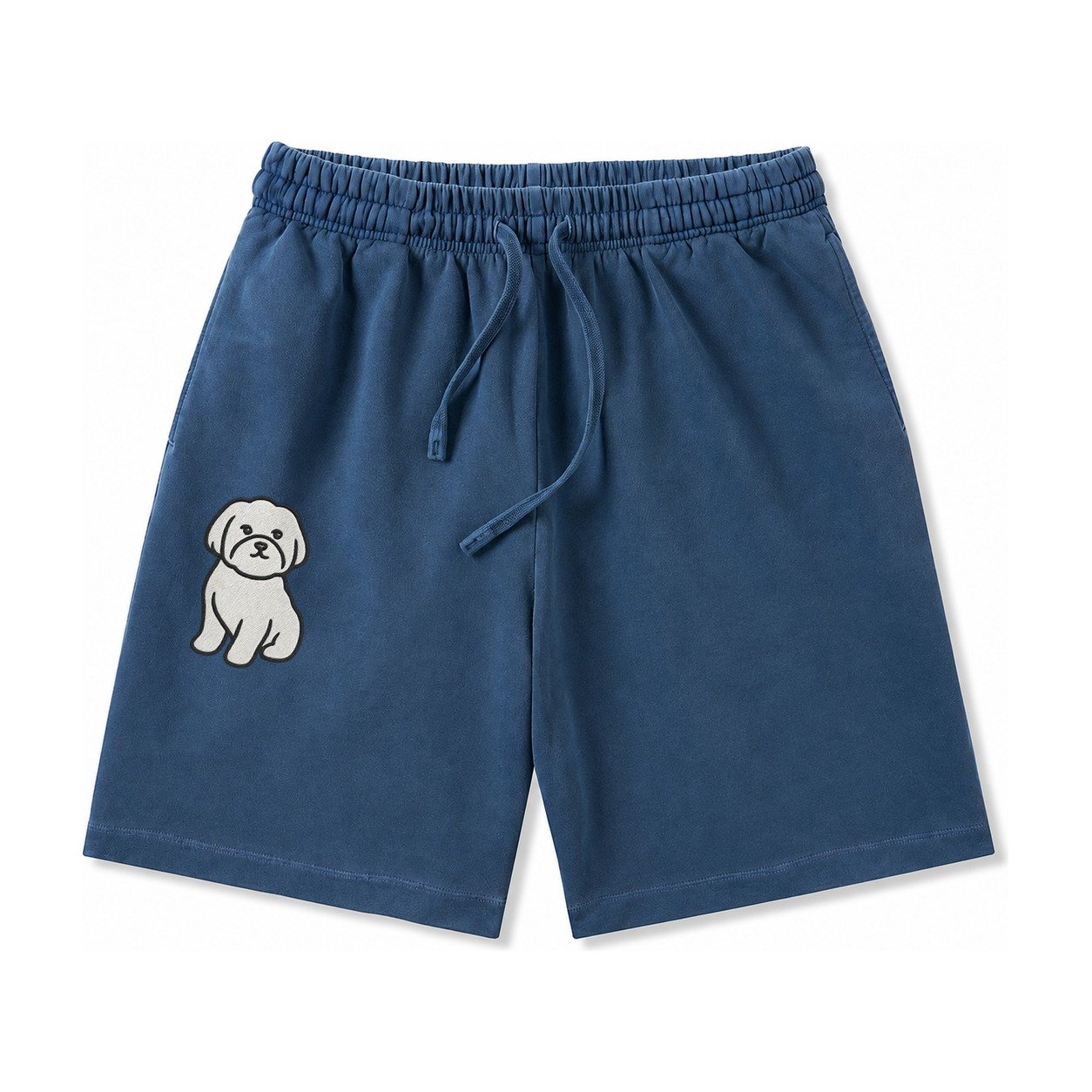 Maltese Pure White Fluffy Embroidered Design Washed Shorts – Denim Blue