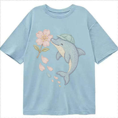 Dolphin Sakura Leap Leaping Through Blossoms Pale Aqua Cap C Classic T-shirt – Light Blue