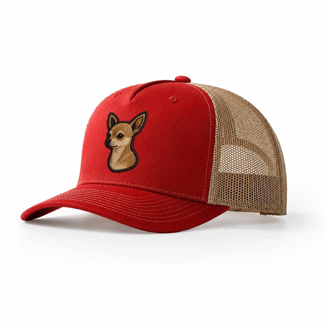 Chihuahua Modern Tiny Dog Logo With Bo Trucker Hat – Red Khaki