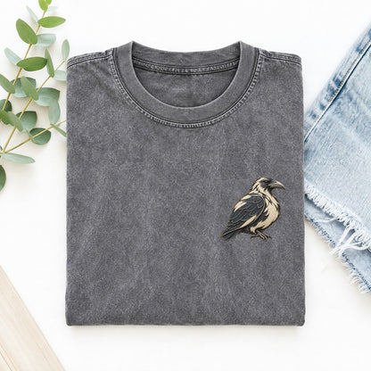 Raven Folded Pinion Keepsake Emblem Left Chest Vintage T-shirt – Grey