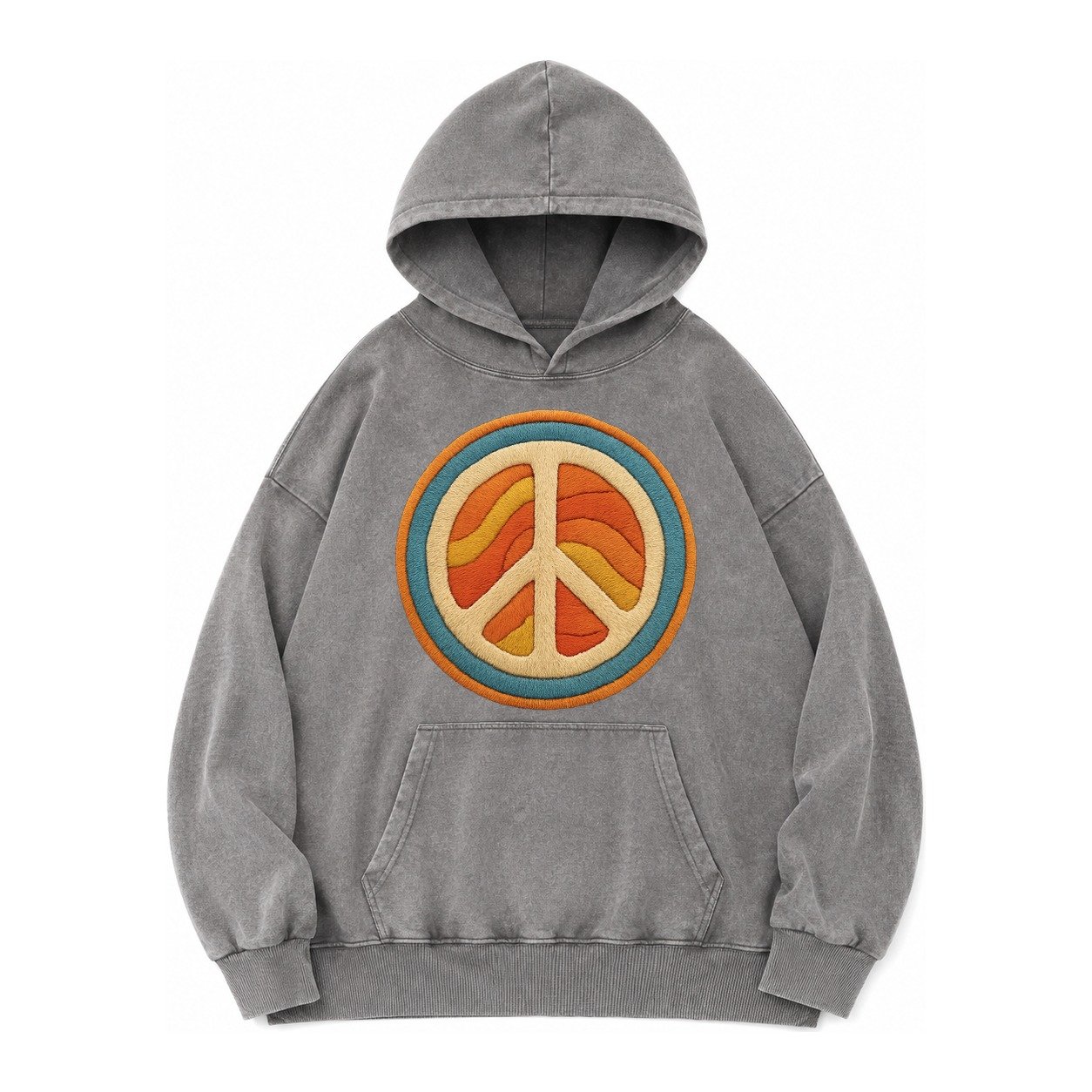Retro Peace Harmony Vintage Washed Hoodie – Grey