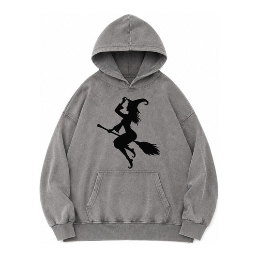 202308151409 Witch On Broom 4 Vintage Washed Hoodie – Grey