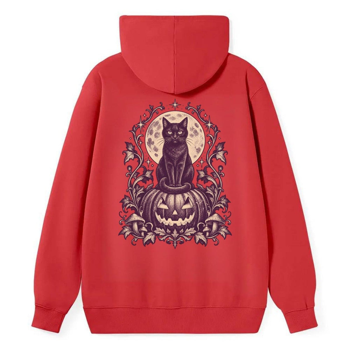A Black Cat Sitting Upright On Top Of A Large Carved Jack O Lantern Tail Curled Around Its Paws A Full Moon Glowing Behind It Wordless Single Hue Gothic Engraving Portrait Midnight Haunt Classic Pullover Hoodie – Red