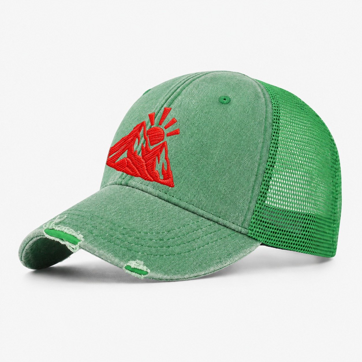 Mountain Sunrise Cut Micro Motion Mark Washed Trucker Hat – Ink Green