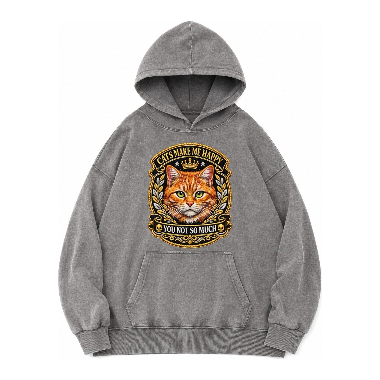 Cats Make Me Happy You Not So Much Cat Face In Orange Cat Pr Vintage Washed Hoodie – Grey