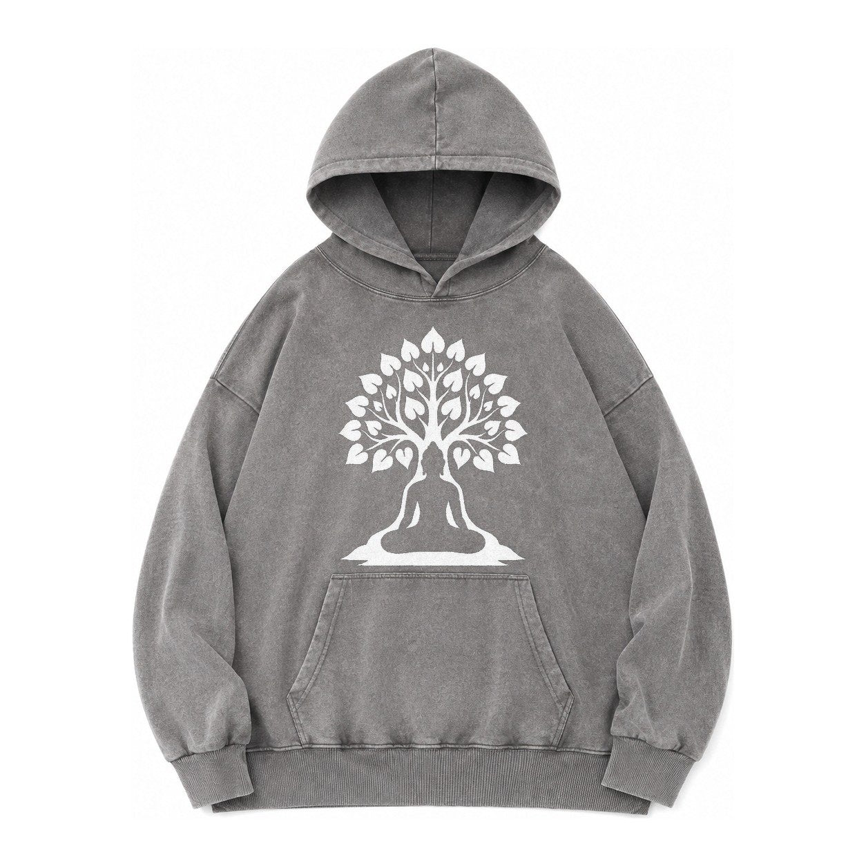 Buddha Silhouette Meditating Negative Space Forms Bodhi Tree Vintage Washed Hoodie – Grey
