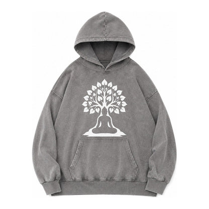 Buddha Silhouette Meditating Negative Space Forms Bodhi Tree Vintage Washed Hoodie – Grey