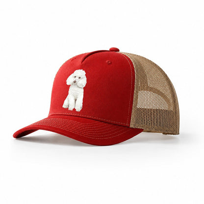 Poodle Trucker Hat – Red-Khaki