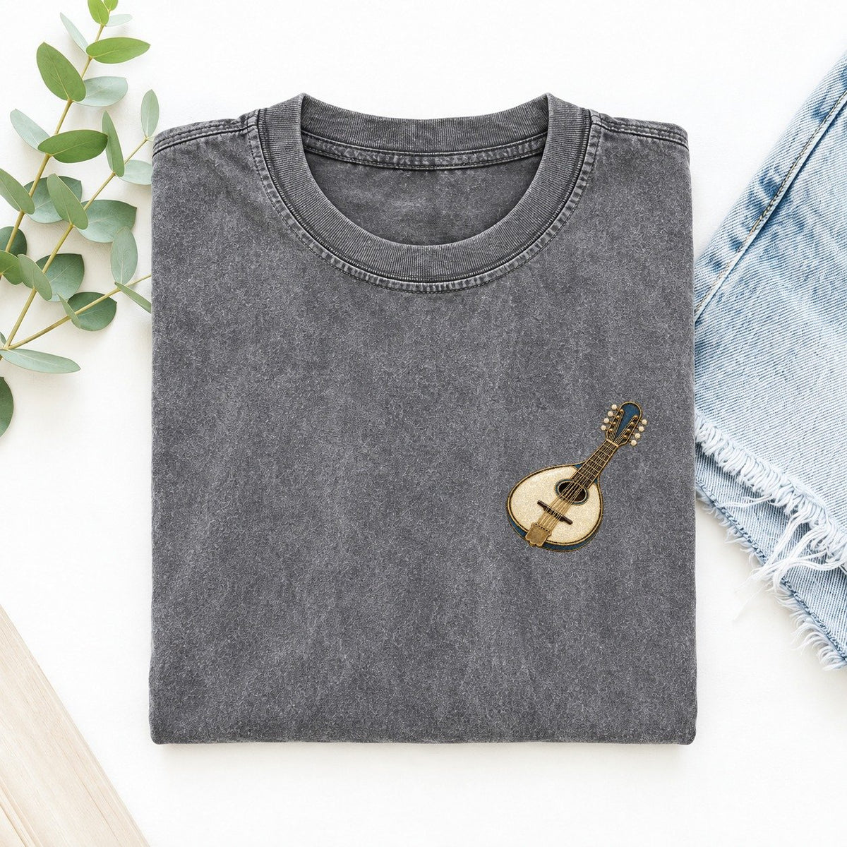 Mandolin Pear Body Keepsake Emblem Left Chest Vintage T-shirt – Grey
