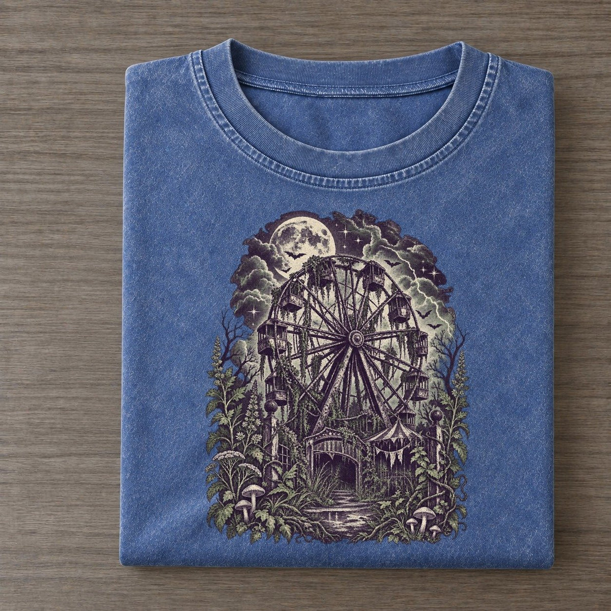 Abandoned Ferris Wheel Midnight Haunt Vintage T-shirt – Washed Blue