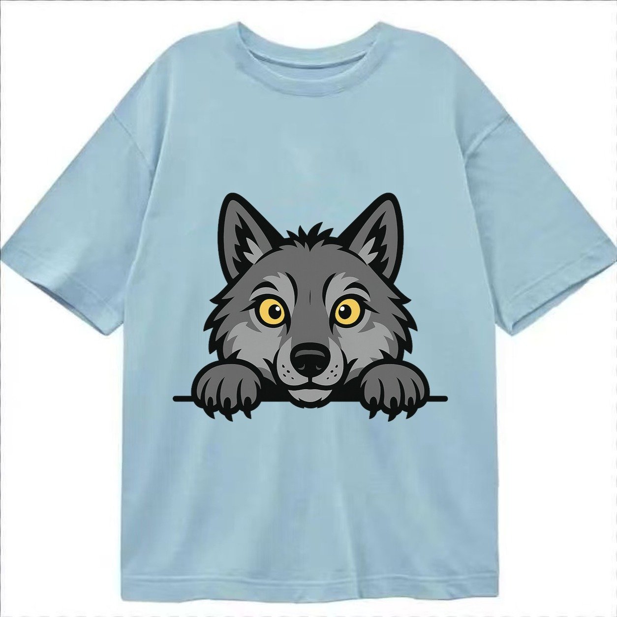 Wolf Intense Yellow Eyes Gray Fur Pointed Ears Powerful Paws Classic T-shirt – Light Blue