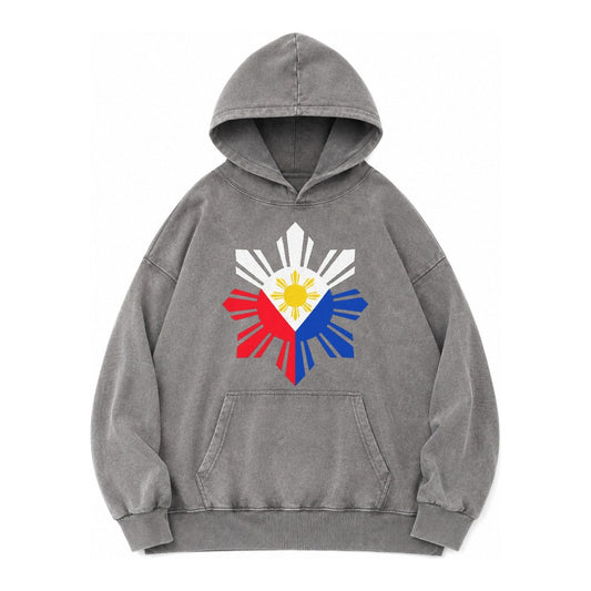 Philippines Iconic Sun And Stars Vintage Washed Hoodie – Grey