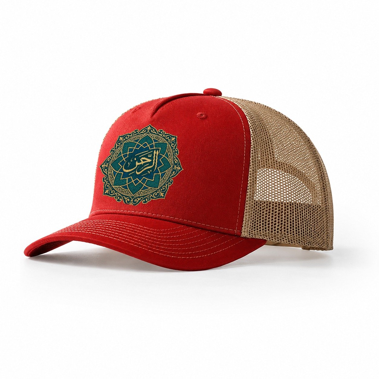 Ar Rahman Geometric Trucker Hat – Red-Khaki