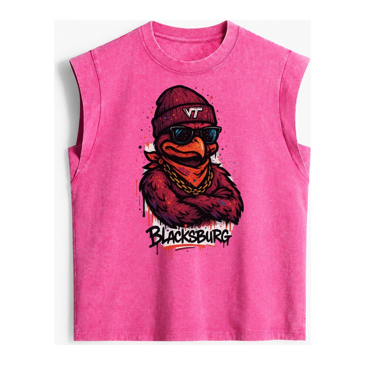 Blacksburg Hokiebird Wearing Virginia Tech Beanie With Vt Pa Vintage Washed Tank – Pink