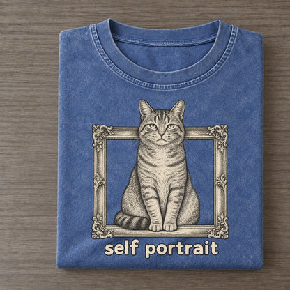 Cat Self Portrait Unbothered Creatures Vintage T-shirt – Washed Blue