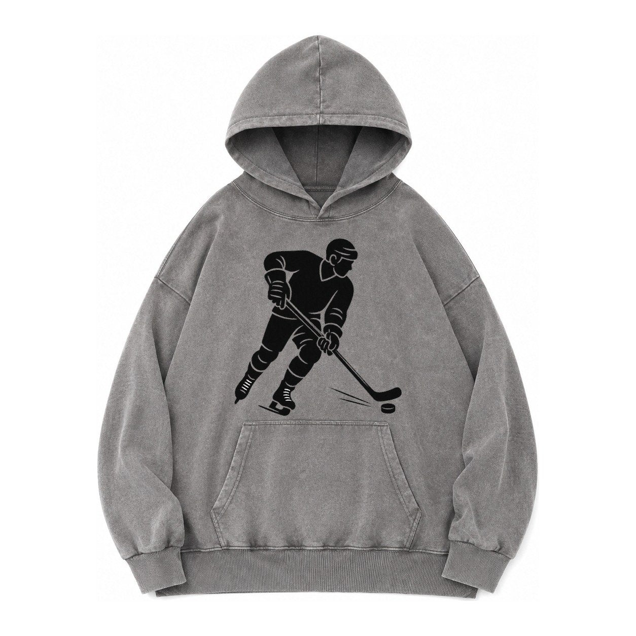 Ice Hockey Player Shooting Puck Vintage Washed Hoodie – Grey