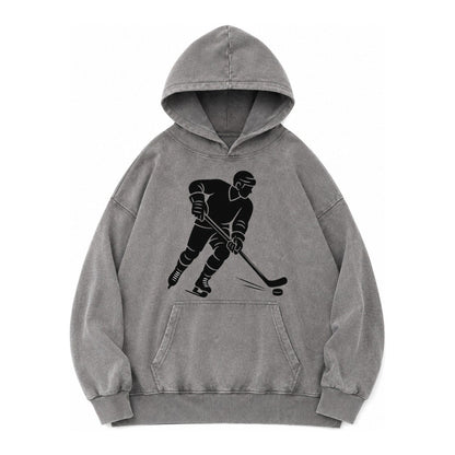 Ice Hockey Player Shooting Puck Vintage Washed Hoodie – Grey