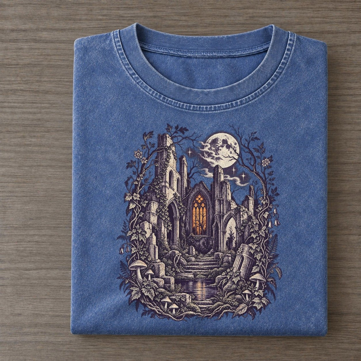 Church Ruins Stained Glass Midnight Haunt Vintage T-shirt – Washed Blue