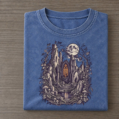 Church Ruins Stained Glass Midnight Haunt Vintage T-shirt – Washed Blue