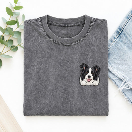 Border Collie Left Chest Vintage T-shirt – Grey