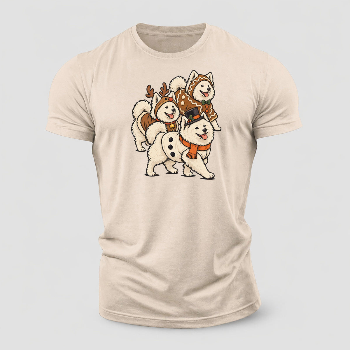 3 Samoyeds In Halloween Costumes Hdp 36 Parade Lineup Halloween Dog Parade Cotton T-Shirt – Sand