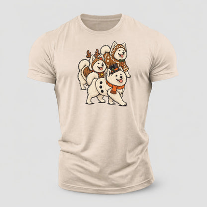3 Samoyeds In Halloween Costumes Hdp 36 Parade Lineup Halloween Dog Parade Cotton T-Shirt – Sand