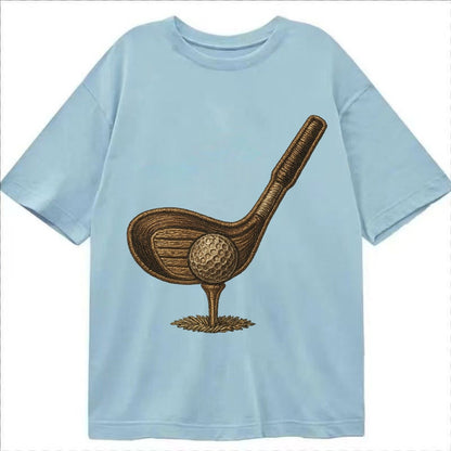 Golf Club And Ball Vintage Wood Driver With Dimpled Ball On Classic T-shirt – Light Blue