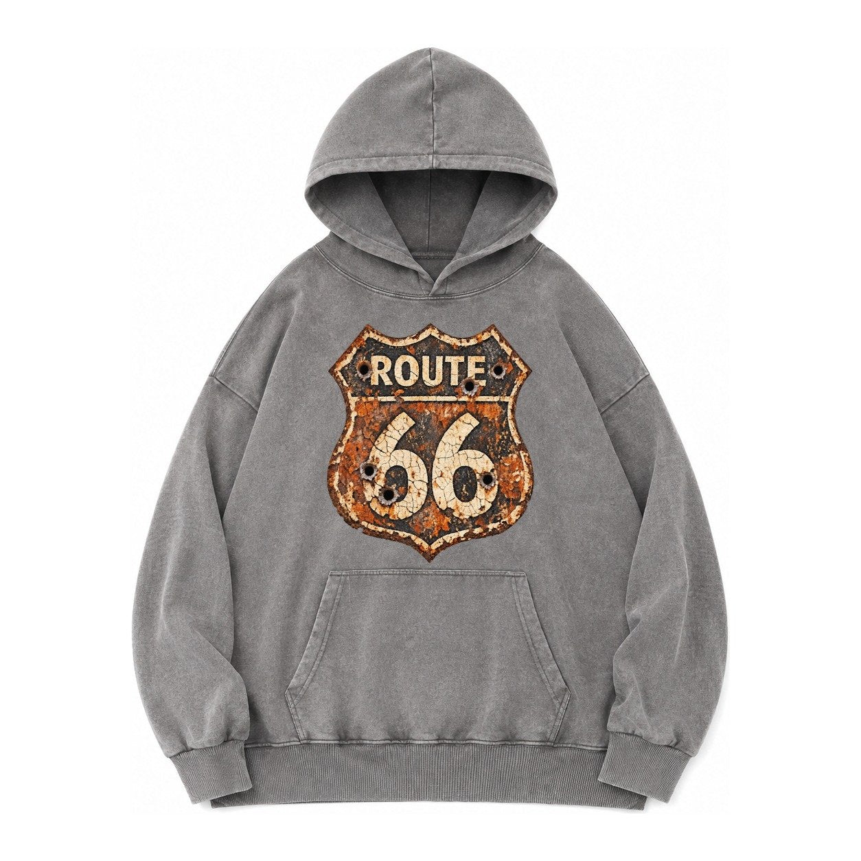 Weathered Marker Rust Aged Route 66 Sign Desert Sun Bleached Vintage Washed Hoodie – Grey