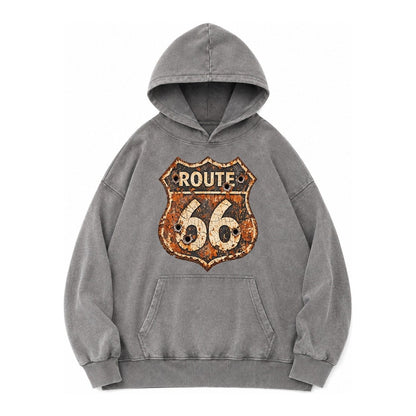 Weathered Marker Rust Aged Route 66 Sign Desert Sun Bleached Vintage Washed Hoodie – Grey