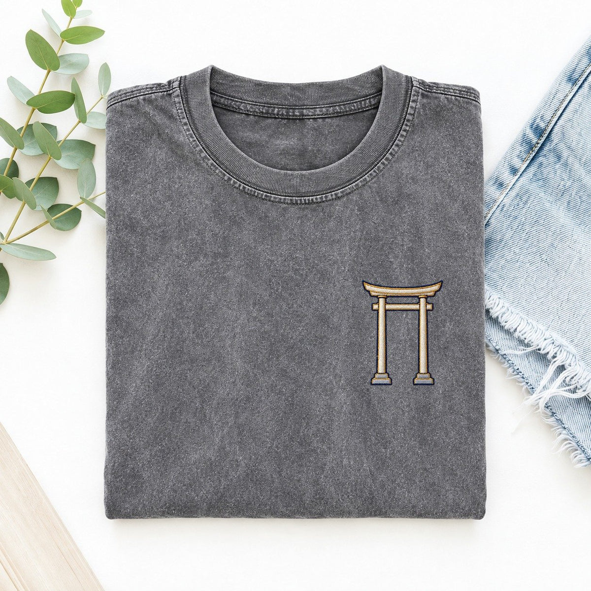 Torii Gate Symbol Emblems Left Chest Vintage T-shirt – Grey