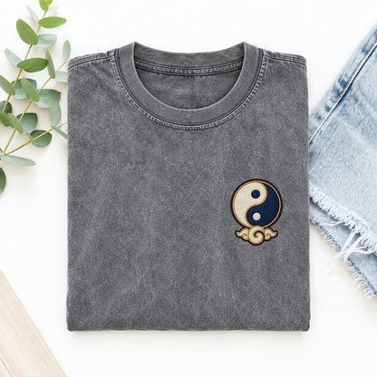 Yin Yang Cloud Symbol Emblems Left Chest Vintage T-shirt – Grey