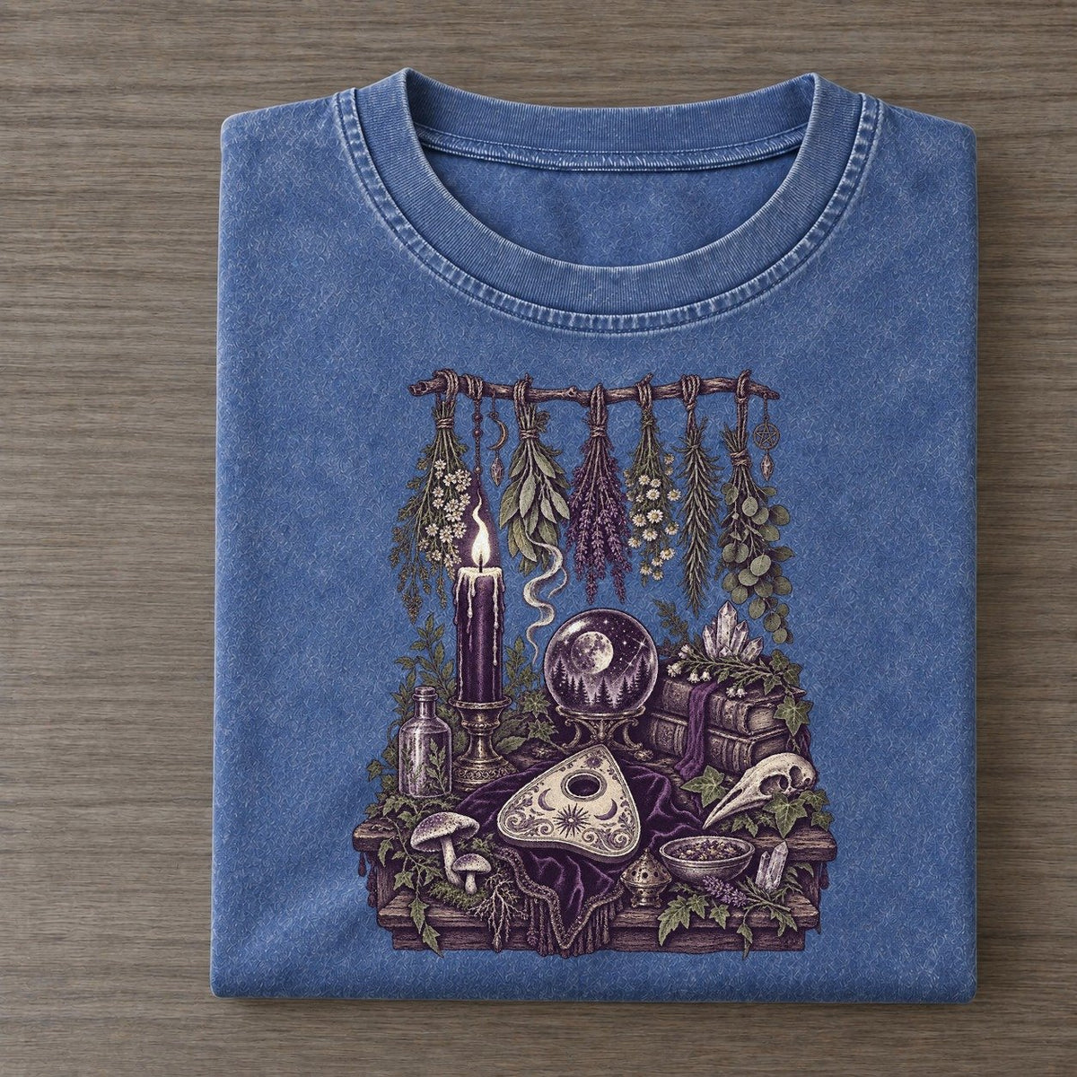 Ouija Planchette Table Midnight Haunt Vintage T-shirt – Washed Blue