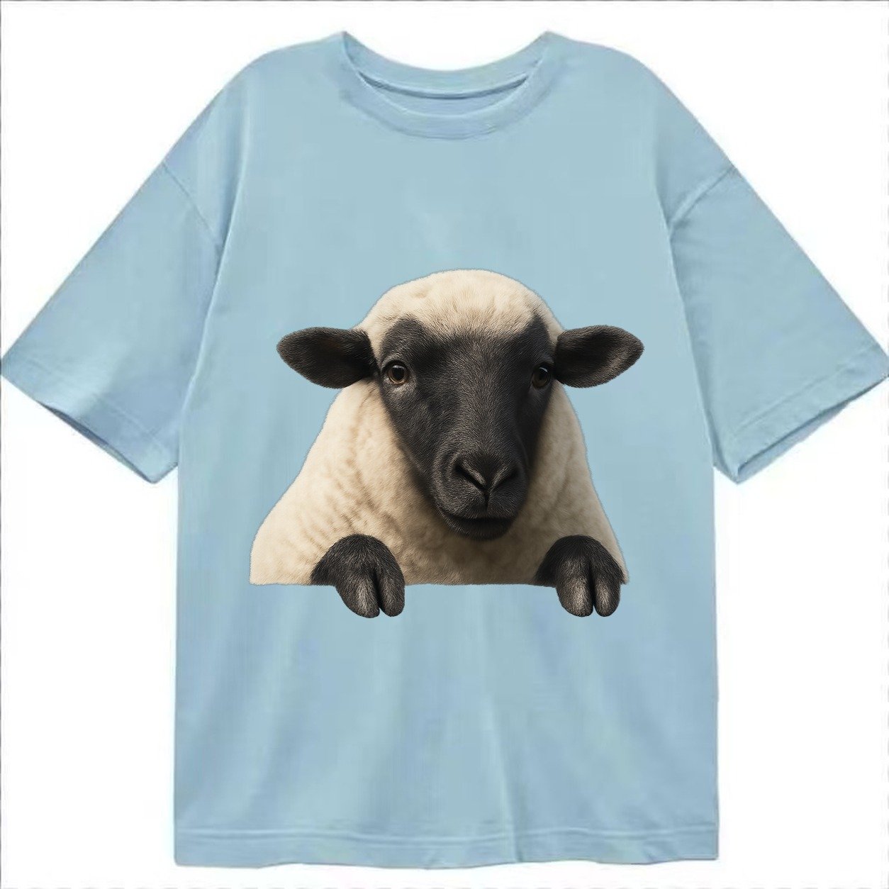 Sheep Fluffy White Wool Black Face Gentle Eyes Small Ears Pe Classic T-shirt – Light Blue