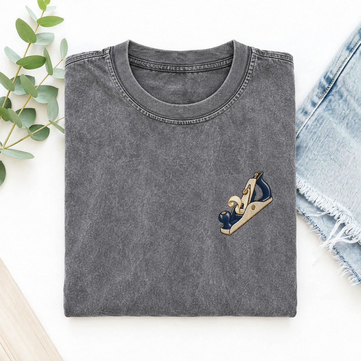 Wood Plane Symbol Emblems Left Chest Vintage T-shirt – Grey