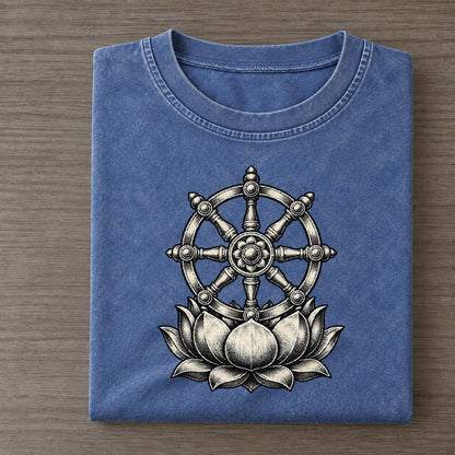 Buddhist Eight Spoke Wheel World Faiths Ink Figures Vintage T-shirt – Washed Blue