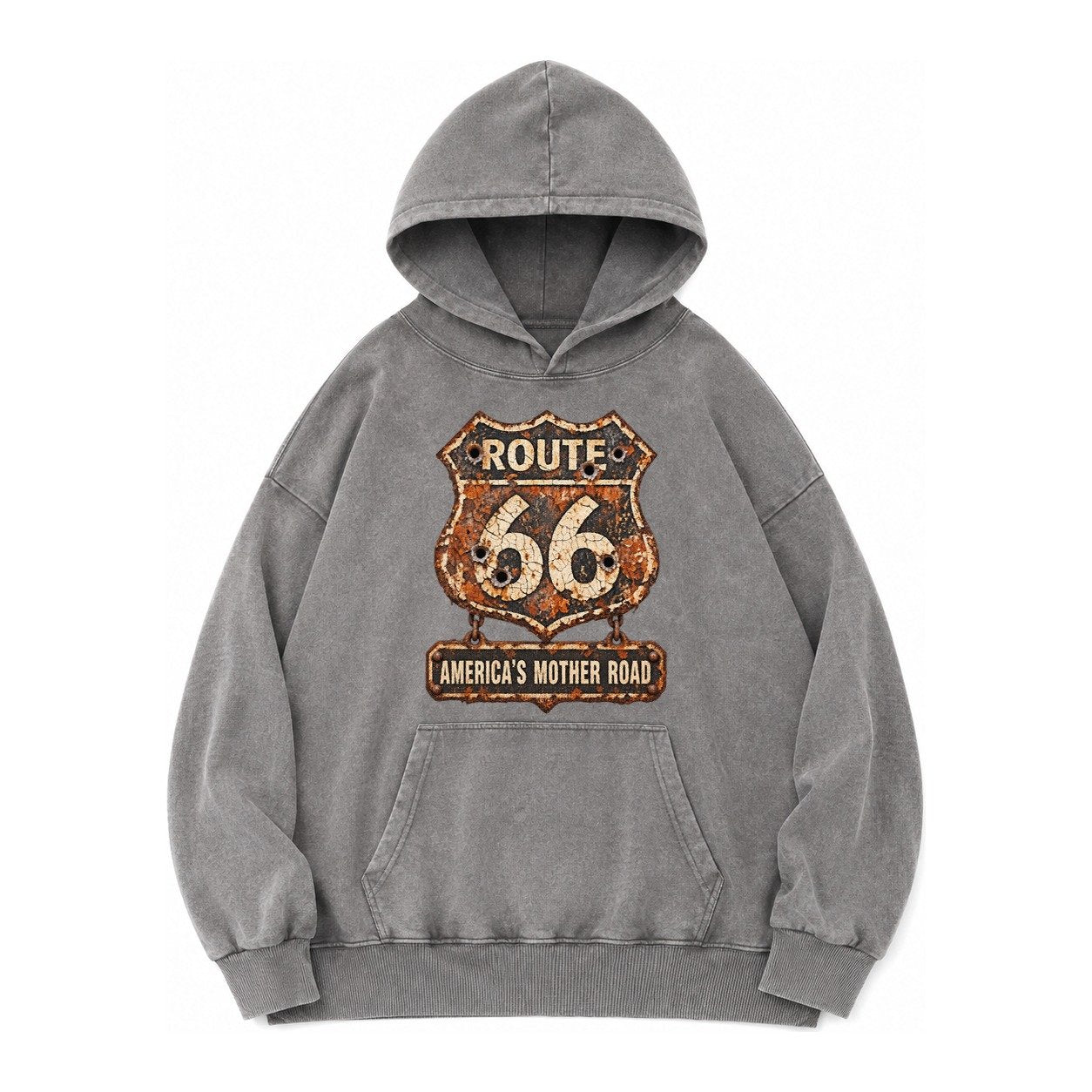 Route 66 Weathered Vintage Washed Hoodie – Grey