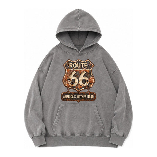 Route 66 Weathered Vintage Washed Hoodie – Grey