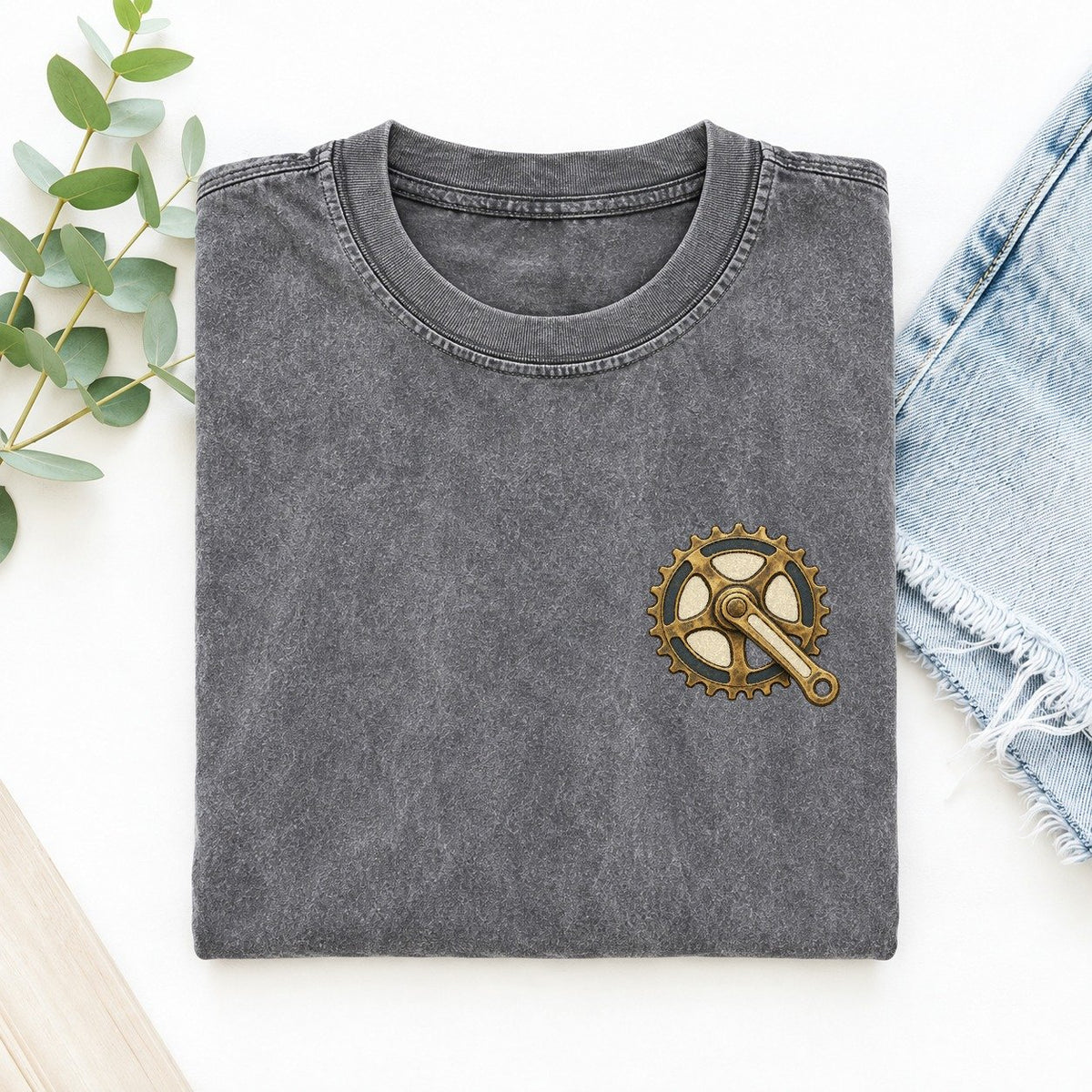 Cycling Crank Loop Keepsake Emblem Left Chest Vintage T-shirt – Grey