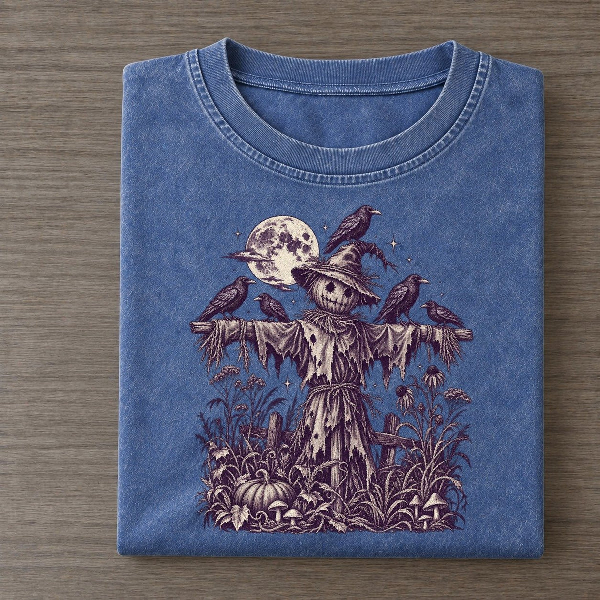 Crows On The Scarecrow Midnight Haunt Vintage T-shirt – Washed Blue