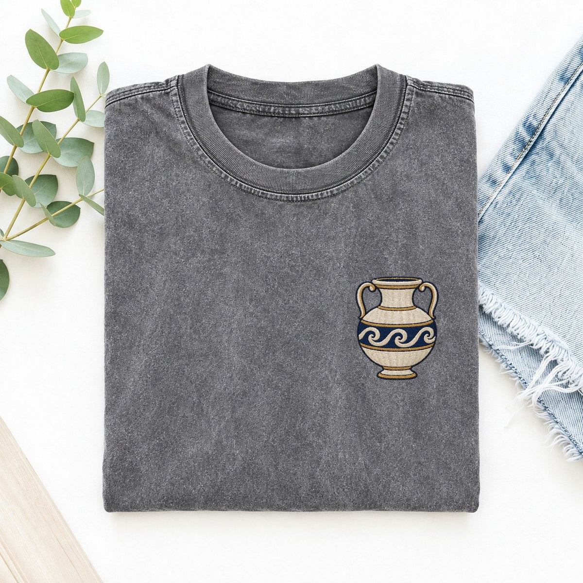 Pottery Vase Symbol Emblems Left Chest Vintage T-shirt – Grey