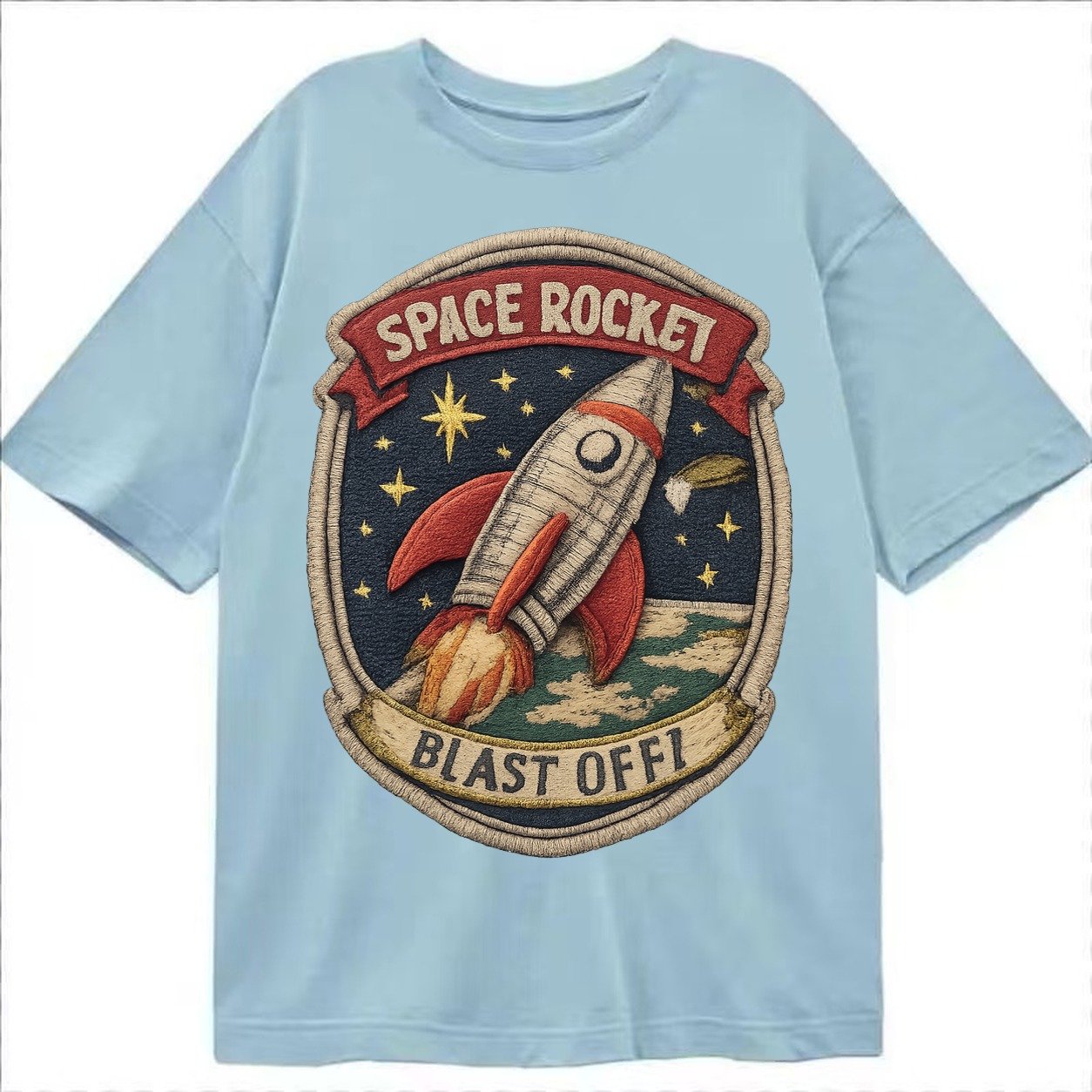 Embroidered Patch Design Retro Rocket 1950s Space Rocket In Classic T-shirt – Light Blue