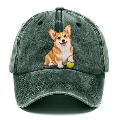 Happy Corgi with Tennis Ball Classic Cap – Forest Mist