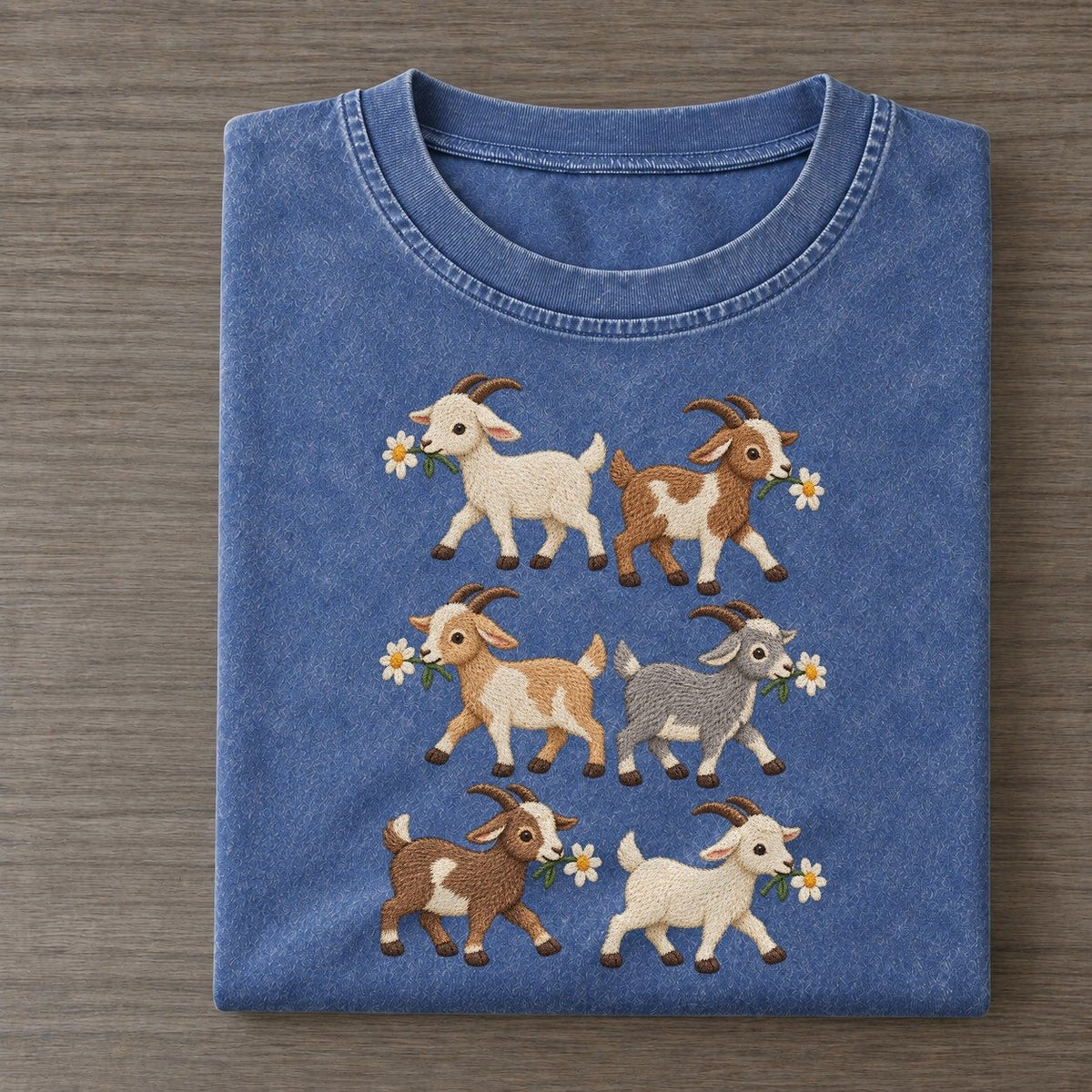 Goats With Daisies Single File Vintage T-shirt – Washed Blue