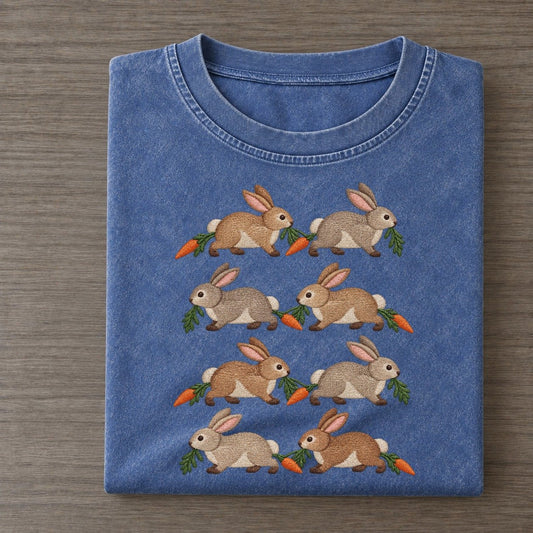 Rabbits With Carrots Single File Vintage T-shirt – Washed Blue